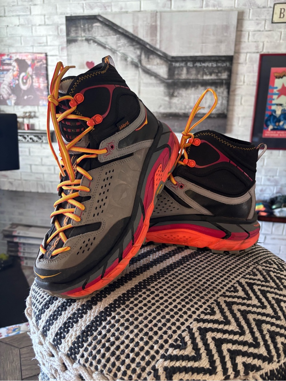 Hoka Lace-Up High-Top Boots in Gray with Orange and Red Accents sz 10